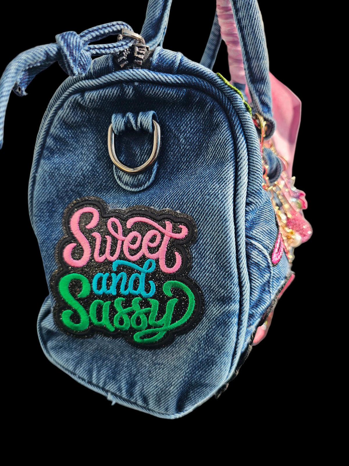 Blessed Baddie Embellished Denim Patchwork Crossbody Bag with Integrated Purse Organizer