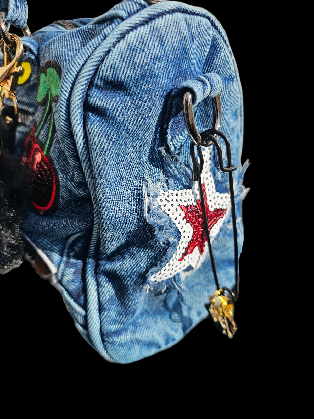 Blessed Baddie Embellished Denim Patchwork Crossbody Bag with Integrated Purse Organizer