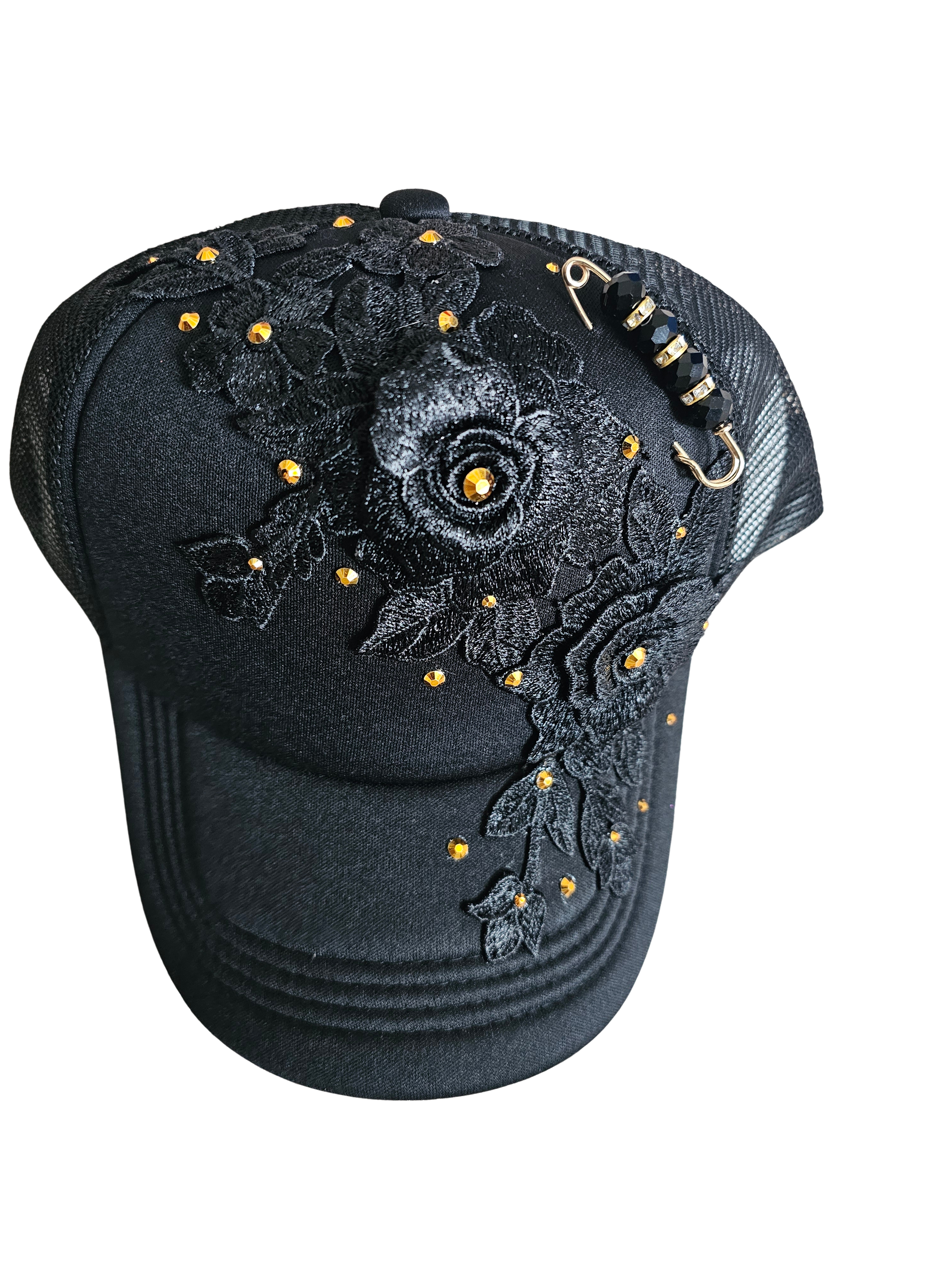 Black Luxe Floral Cap & Tie Set