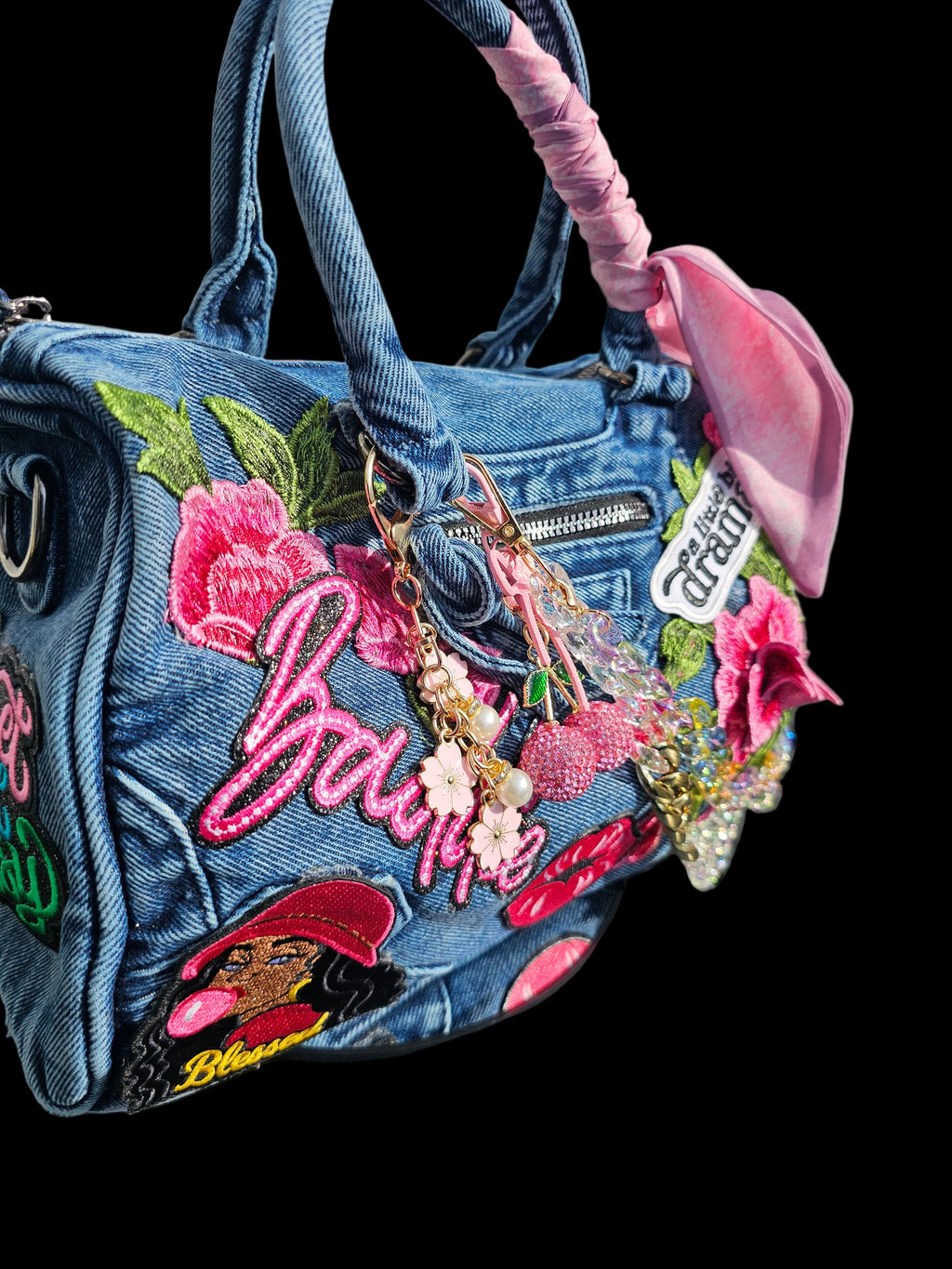Blessed Baddie Embellished Denim Patchwork Crossbody Bag with Integrated Purse Organizer