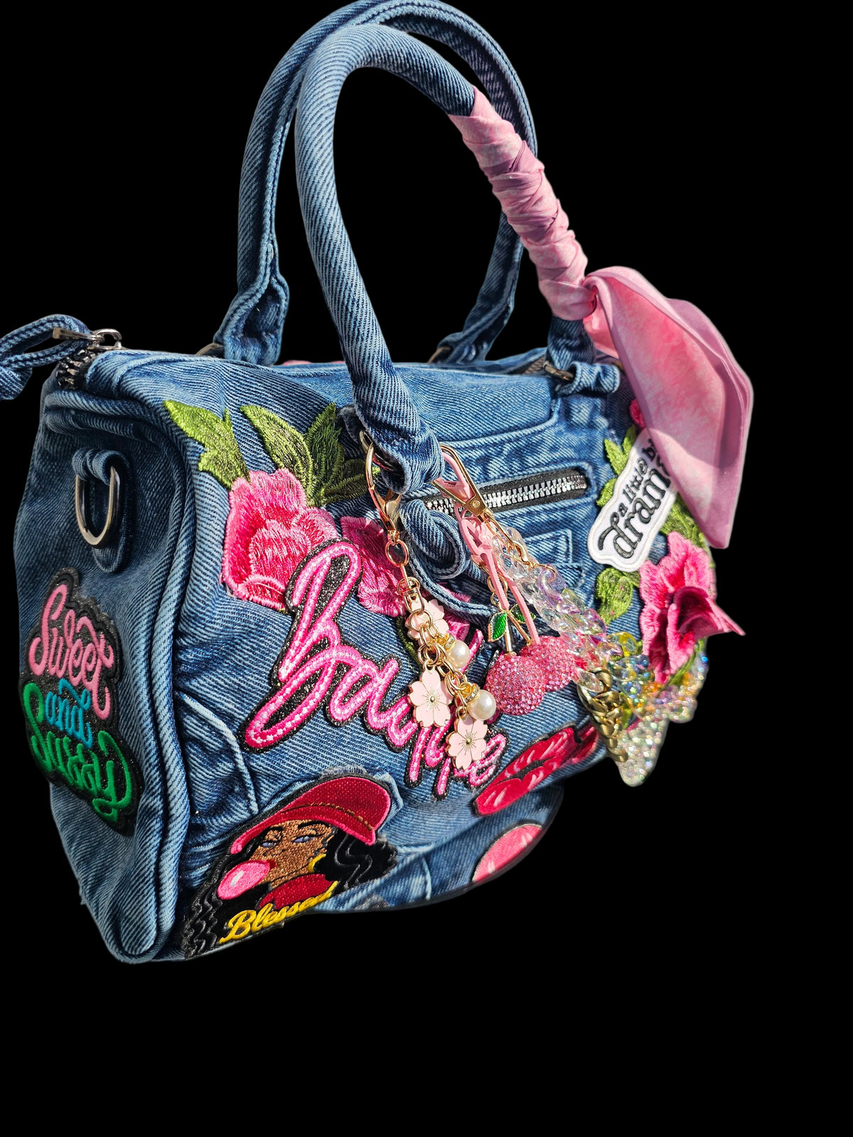 Blessed Baddie Embellished Denim Patchwork Crossbody Bag with Integrated Purse Organizer