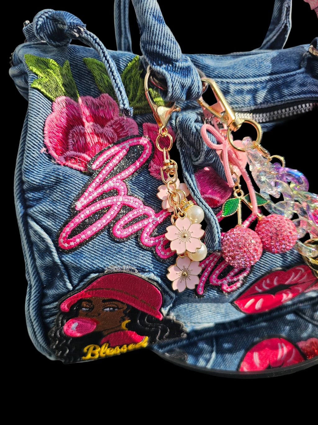 Blessed Baddie Embellished Denim Patchwork Crossbody Bag with Integrated Purse Organizer