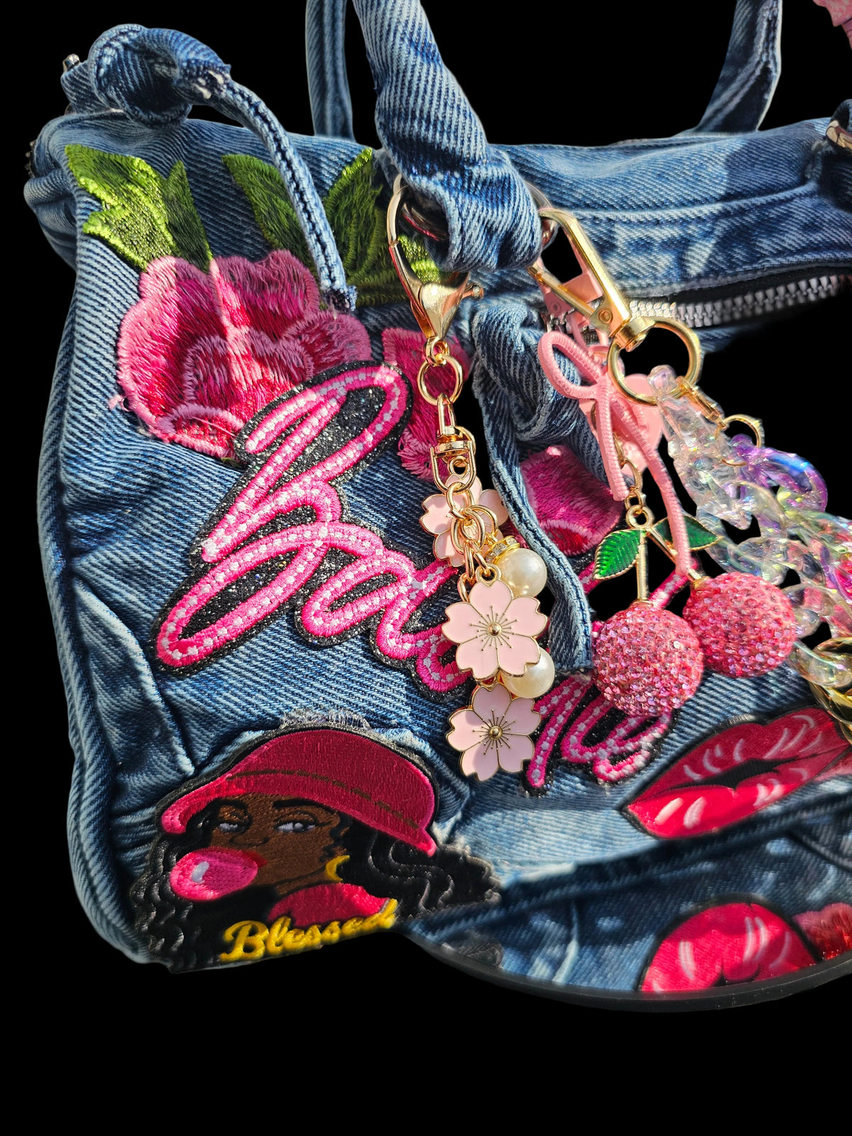 Blessed Baddie Embellished Denim Patchwork Crossbody Bag with Integrated Purse Organizer