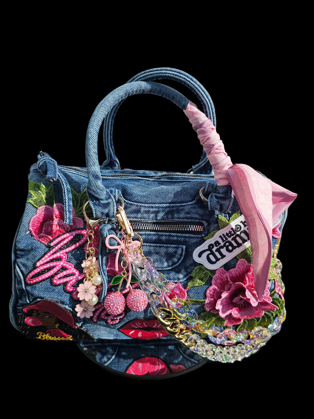 Blessed Baddie Embellished Denim Patchwork Crossbody Bag with Integrated Purse Organizer