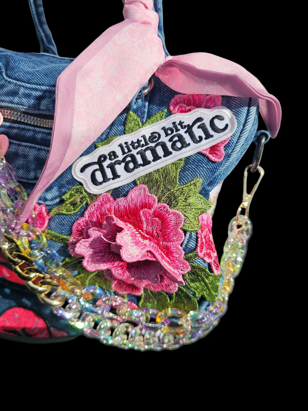 Blessed Baddie Embellished Denim Patchwork Crossbody Bag with Integrated Purse Organizer
