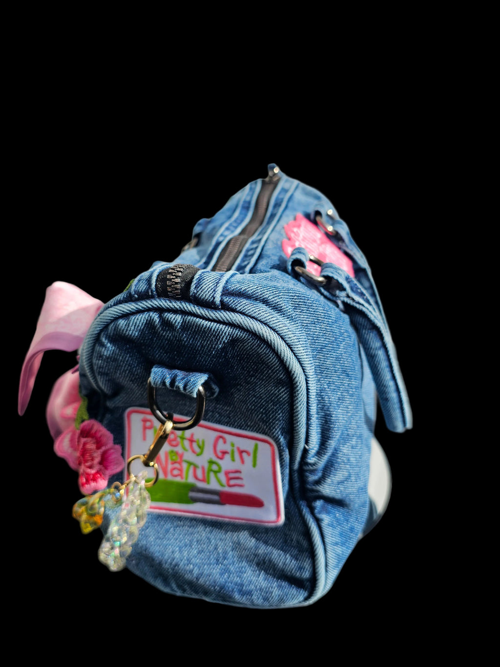 Blessed Baddie Embellished Denim Patchwork Crossbody Bag with Integrated Purse Organizer